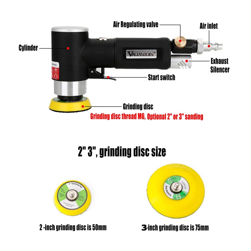 VALIANTOIN Valianto 2" 3" Mini Air Sander, Pneumatic Sander Random Orbital Eccentric Dual Action Polisher with M6 Thread Plate (2" and 3"),- Adjustable Airflow Valve - US Connector - Image 2